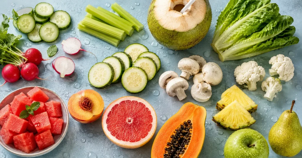 Fresh cucumber, celery, radish, watermelon, grapefruit and papaya arranged on a blue surface with water droplets as high water content foods
