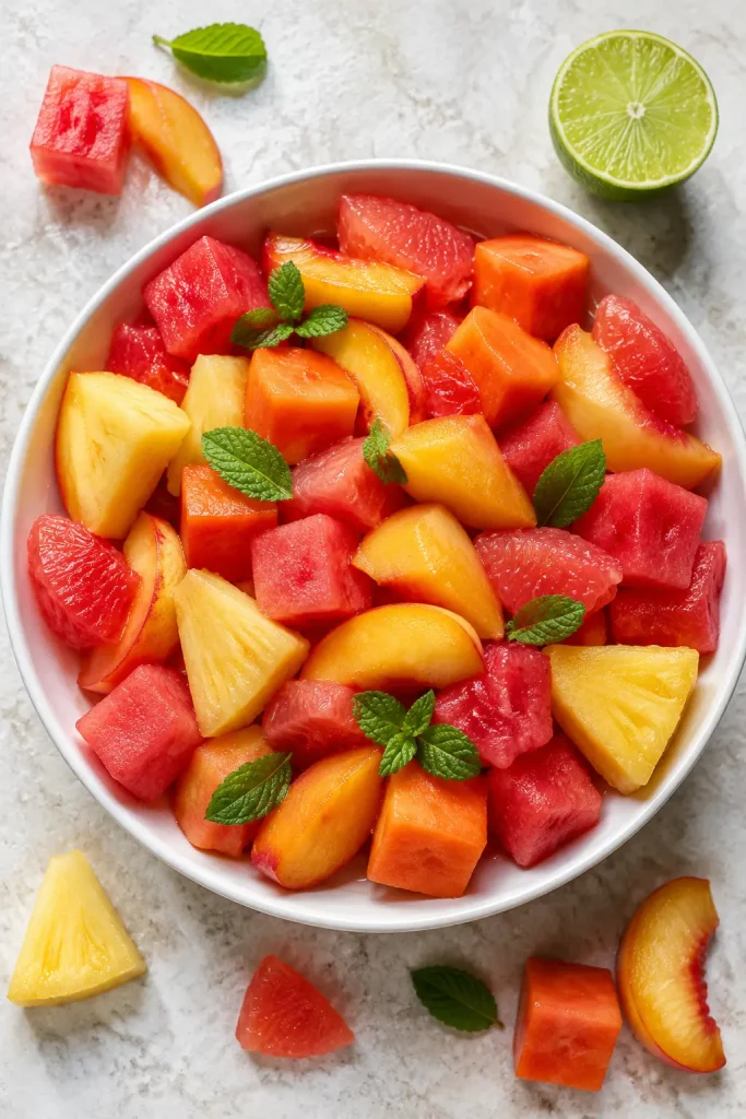 Bowl of cubed watermelon, peaches, grapefruit, papaya and pineapple garnished with mint as hydrating summer fruits