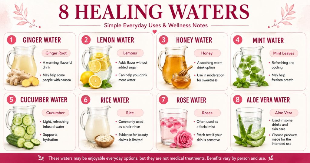 Eight infused waters made with ginger, lemon, honey, mint, cucumber, rice, rose, and aloe vera, with realistic wellness and safety notes