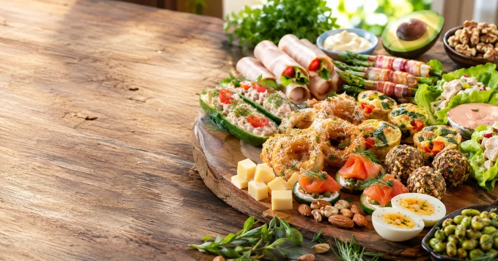 A variety of keto protein snacks including tuna cucumber boats, keto protein balls, chicken bites, egg muffins, parmesan onion rings, cheese cubes, and low carb protein shakes arranged on a wooden serving board.