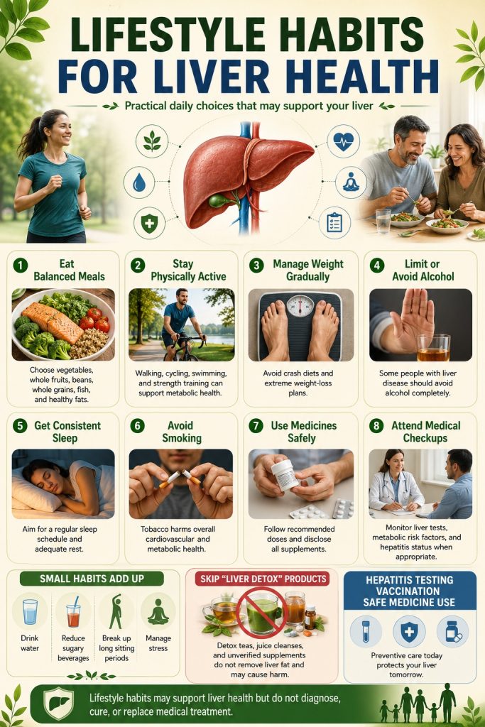 Lifestyle habits that may support liver health, including balanced meals, walking, adequate sleep, water, alcohol limits, and medical checkups.