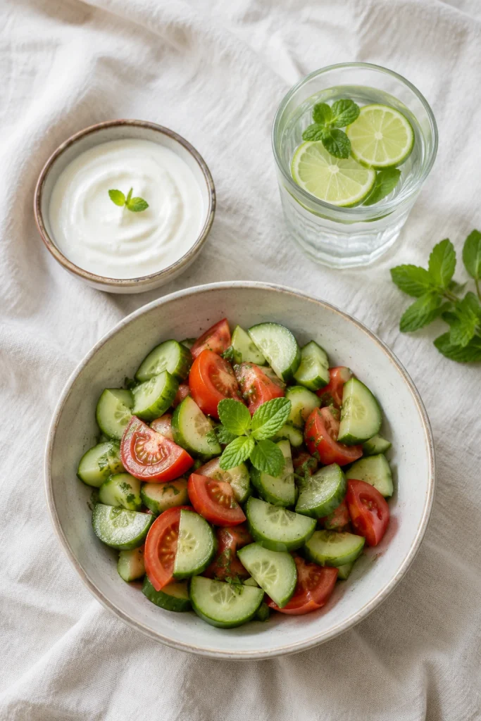 Light summer meal with cucumber salad yogurt and lime water