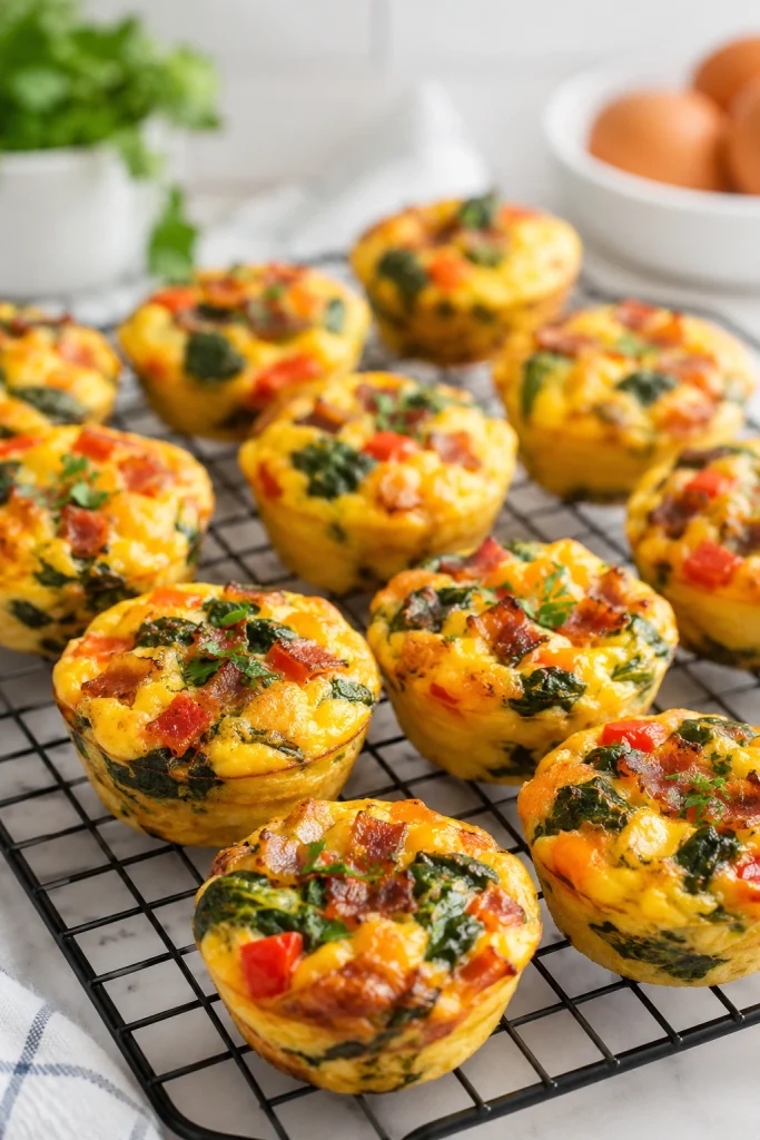 Mini egg muffins with spinach bacon and cheddar cheese for a high protein breakfast.