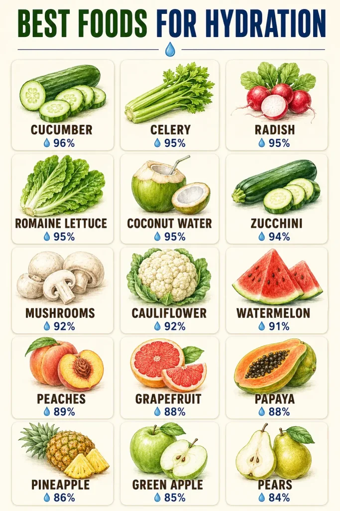 Infographic ranking the 15 most hydrating foods by water content from cucumber at 96 percent down to pears at 84 percent