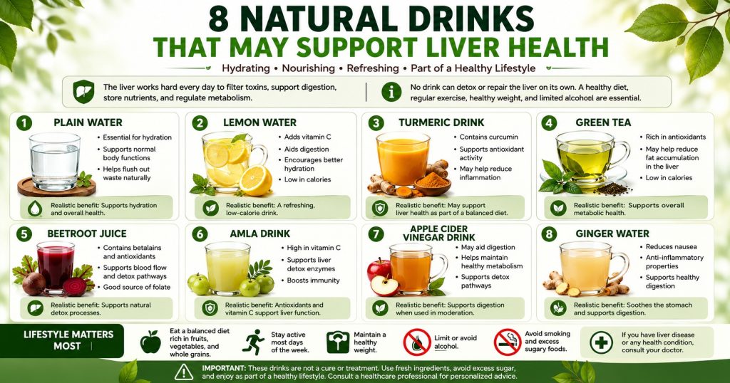 Eight natural drinks that may support a balanced liver-healthy lifestyle, including water, lemon water, turmeric, green tea, beetroot, amla, apple cider vinegar, and ginger water