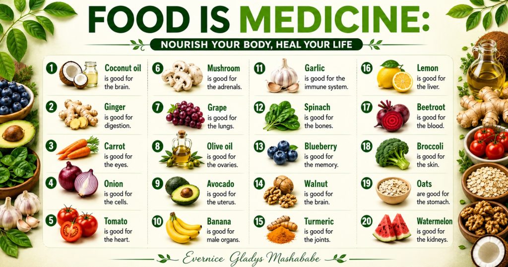 Twenty nutrient-rich foods that support overall health, including carrots, tomatoes, olive oil, avocado, spinach, blueberries, walnuts, oats, and watermelon.