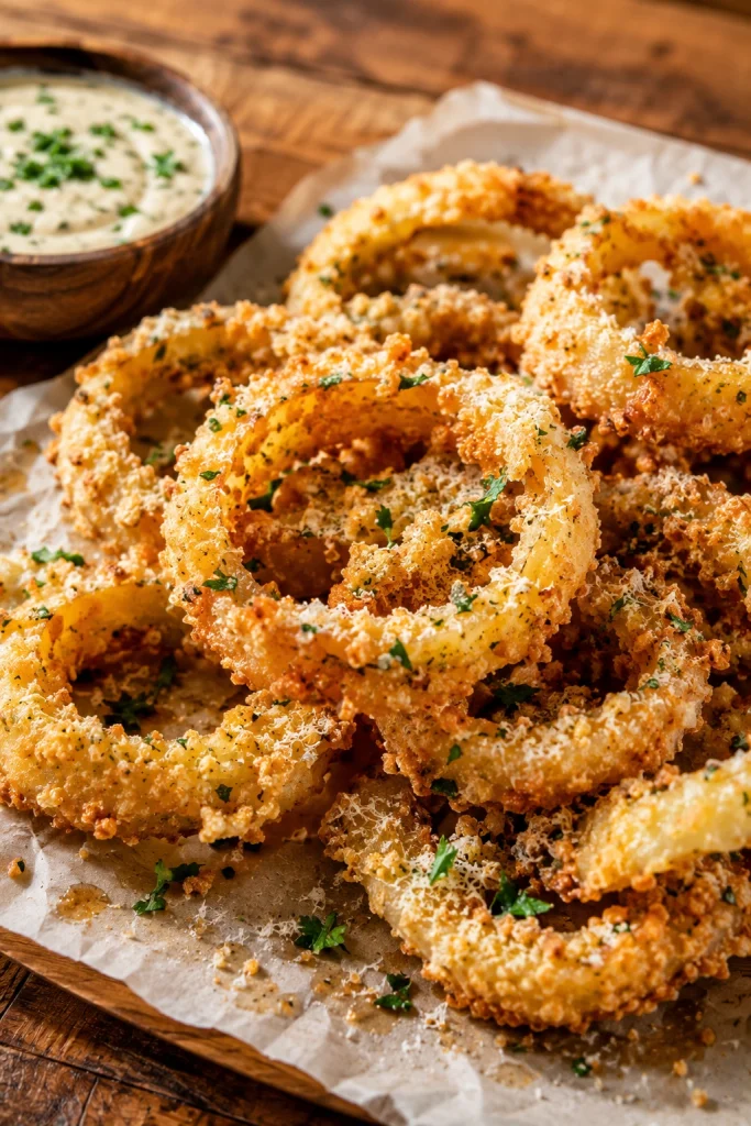 Golden crispy oven baked Parmesan onion rings with garlic aioli dipping sauce.