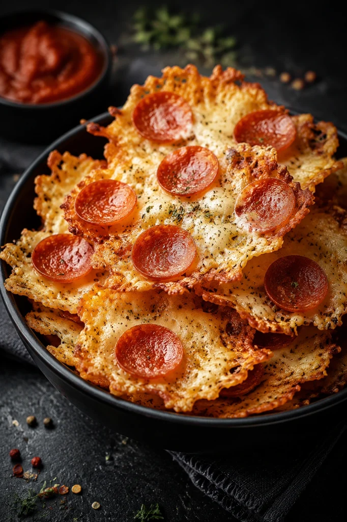 Crunchy pepperoni cheese chips baked until crispy.