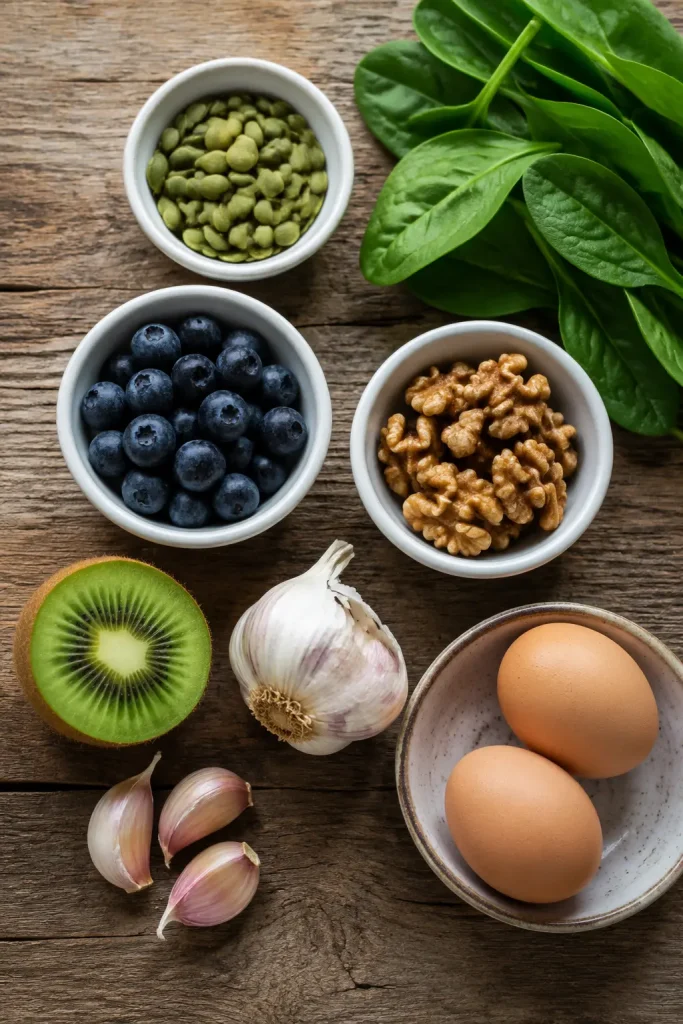 Small bowls of pumpkin seeds, blueberries and walnuts beside kiwi, garlic and eggs on a wooden table
