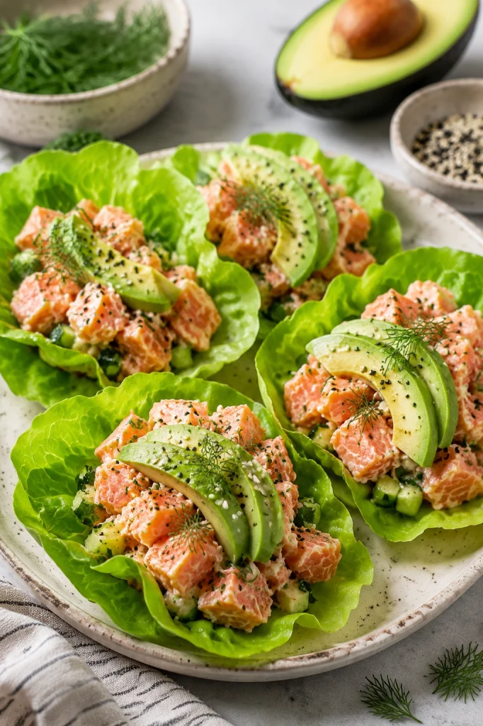 Fresh salmon lettuce wraps with avocado dill and sesame seeds.