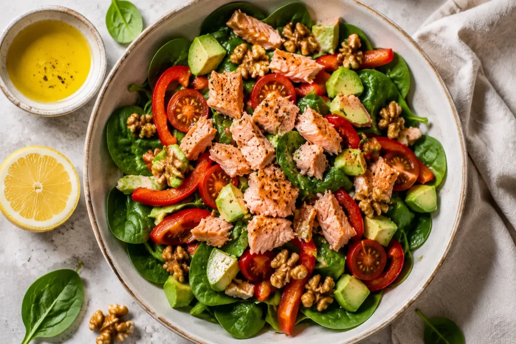 Spinach salad with salmon, red bell pepper, avocado, tomatoes and walnuts dressed with olive oil for skin supporting nutrients