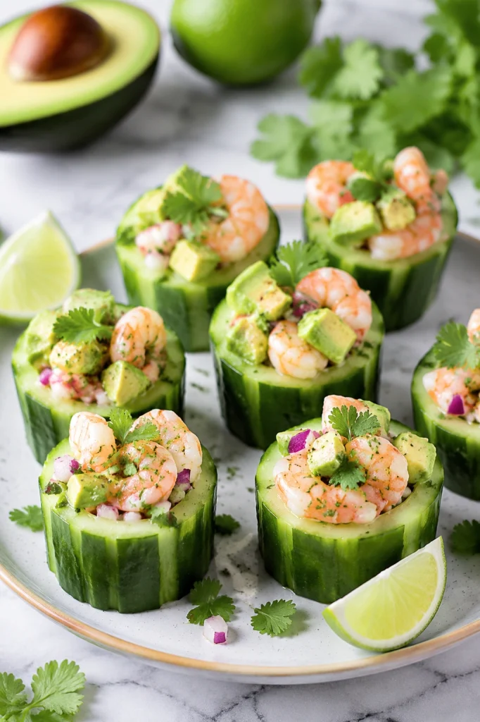 Shrimp avocado cucumber cups garnished with fresh cilantro and lime.