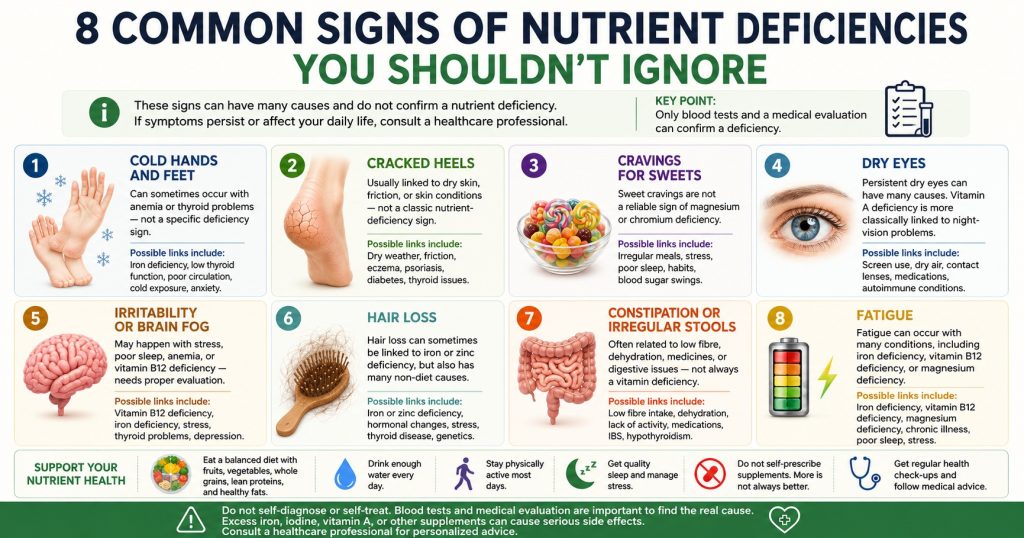 Eight possible signs associated with nutrient deficiencies, including fatigue, hair loss, dry eyes, cold hands and feet, and brain fog