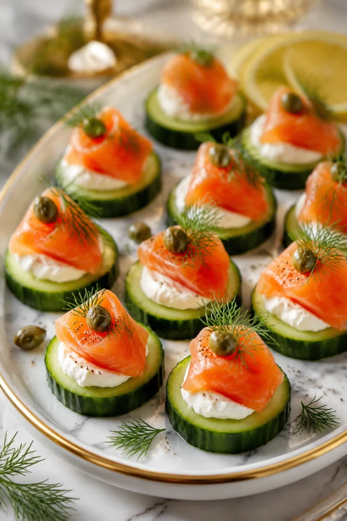 Smoked salmon cucumber bites with cream cheese dill and capers.