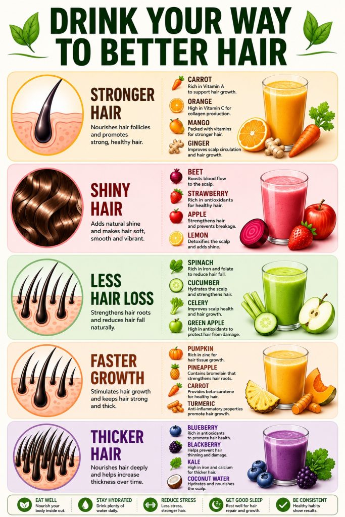 Five nutrient-rich smoothies made with carrots, berries, spinach, pumpkin, kale, yogurt, and fruit as part of a hair-healthy diet