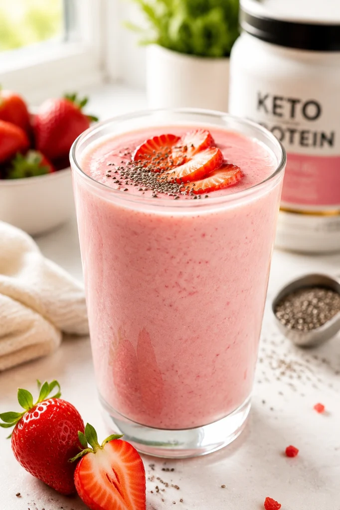 Creamy strawberry keto protein shake made with almond milk and protein powder.