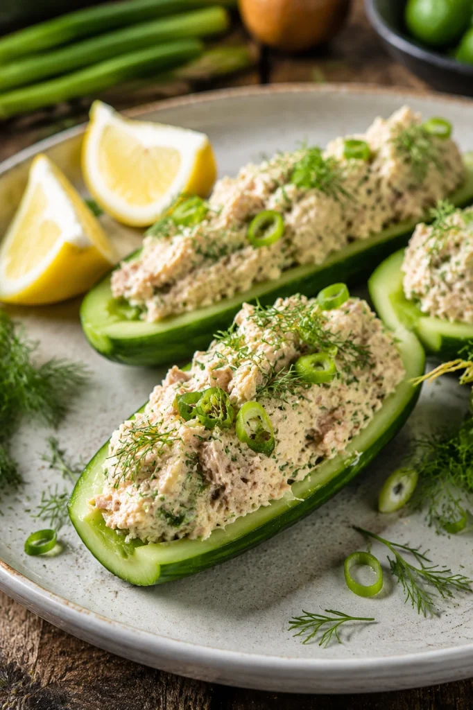 Low carb tuna salad stuffed cucumber boats topped with fresh dill and sliced green onions.