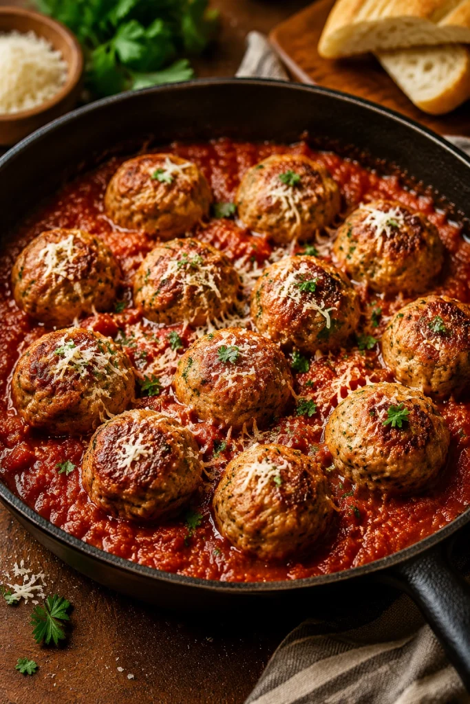 Juicy turkey meatballs topped with Parmesan cheese and parsley.