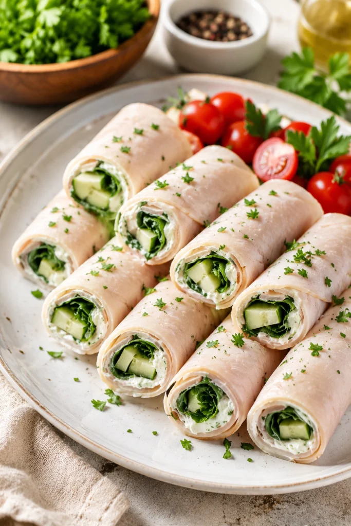 Low carb turkey roll ups filled with cream cheese spinach and cucumber.