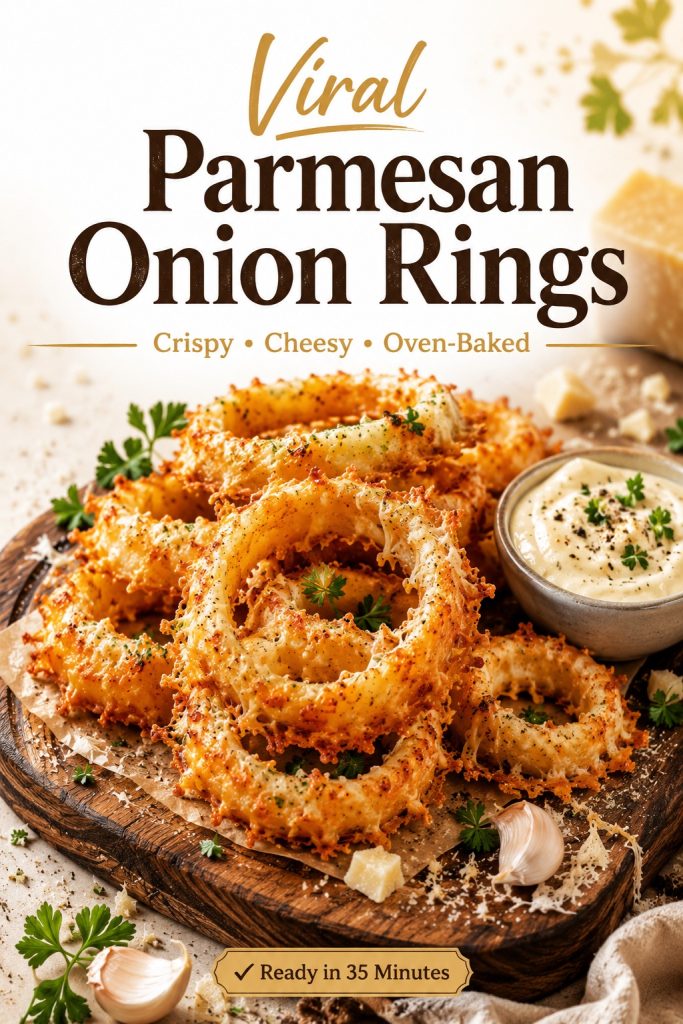Crispy oven-baked viral Parmesan onion rings with golden cheese crust served on a wooden board with garlic aioli dipping sauce.
