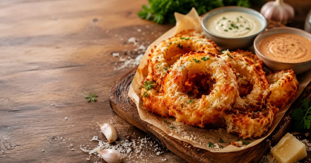 Crispy oven-baked viral Parmesan onion rings with golden cheese crust served on a wooden board with garlic aioli dipping sauce.
