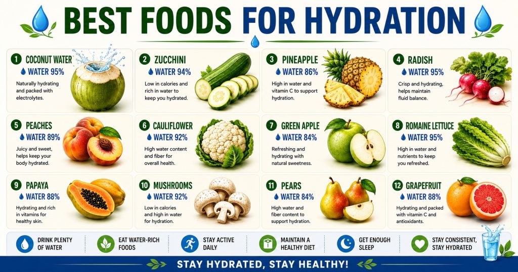 Fifteen water-rich foods that support hydration, including cucumber, watermelon, strawberries, tomatoes, lettuce, pineapple, apples, and pears