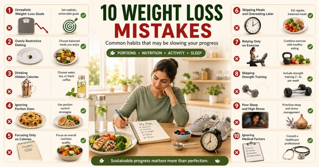 Ten common weight loss mistakes, including sugary drinks, oversized portions, restrictive diets, poor sleep, and relying only on cardio