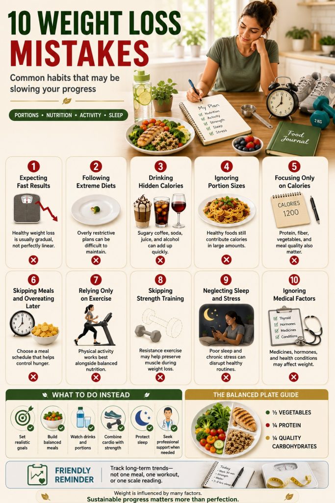 Ten common weight loss mistakes, including sugary drinks, oversized portions, restrictive diets, poor sleep, and relying only on cardio