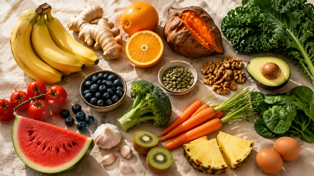 Overhead spread of bananas, ginger, oranges, kale, avocado, spinach, blueberries, garlic, kiwi and eggs as whole foods that support everyday health