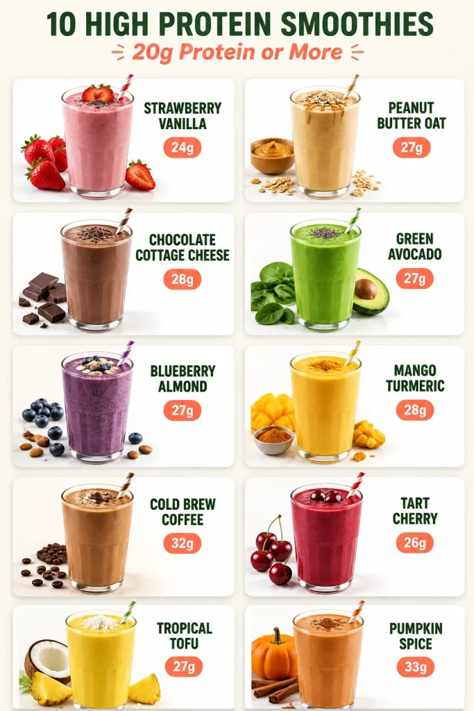 graphic showing 10 high protein smoothie recipes with protein amounts from 24 to 33 grams including strawberry vanilla, chocolate cottage cheese, green avocado and cold brew coffee