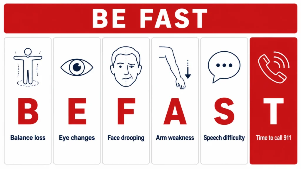 BE FAST stroke warning signs showing balance loss, eye changes, face drooping, arm weakness, speech difficulty and time to call 911