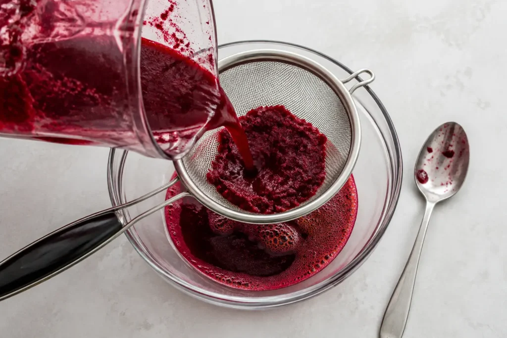 Beet juice being strained through a fine mesh sieve into a glass bowl with pulp collecting above place under "How to Make It Without a Juicer"