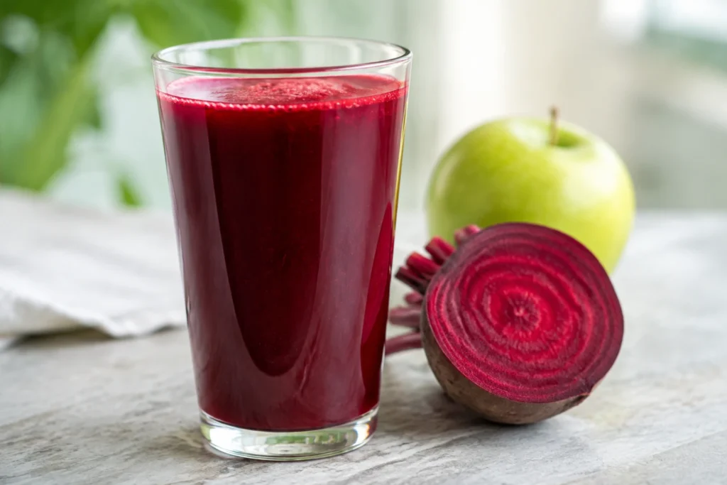 Glass of deep red beetroot juice beside a halved raw beet showing its ring pattern
