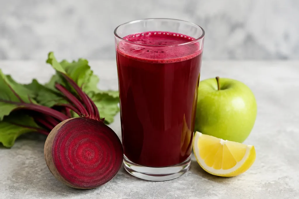 Tall glass of deep red beetroot juice beside a halved beet, green apple and lemon wedge