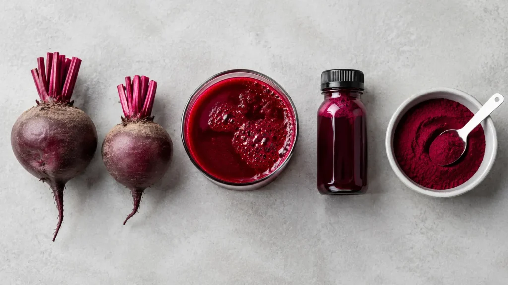 Whole beetroots, fresh juice, a concentrated beet shot and beetroot powder shown side by side place under "Powder, Juice or Whole Beets"
