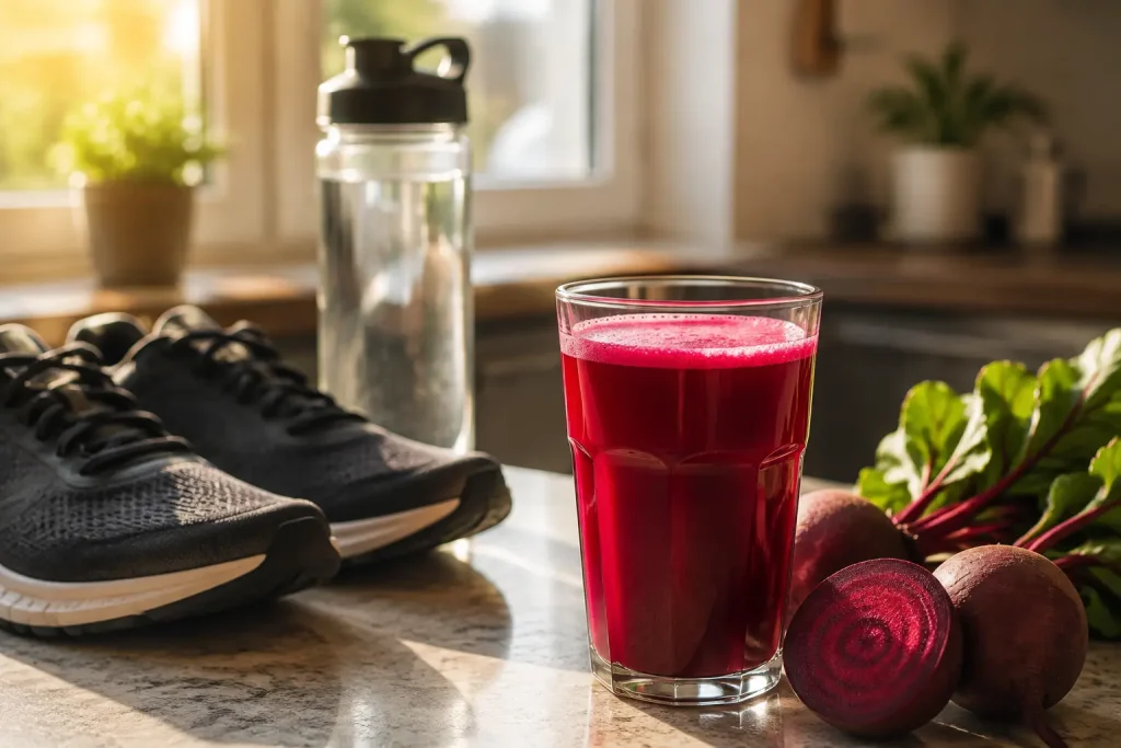 Glass of beetroot juice on a counter beside running shoes and a water bottle place under "How Much and When to Drink It"