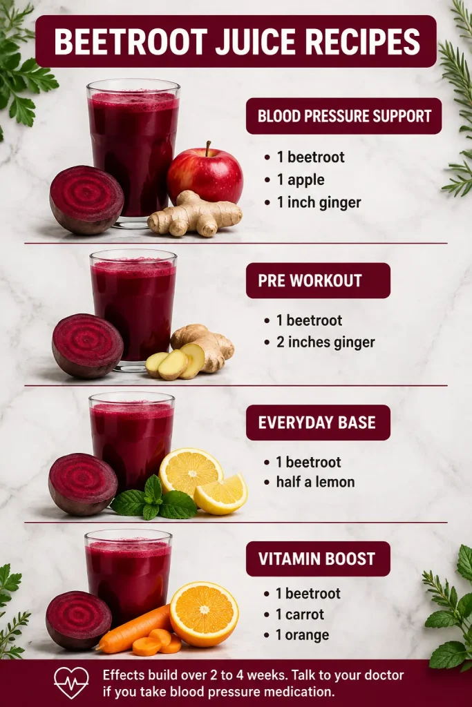 Four beetroot juice recipes showing beet with apple and ginger, beet with ginger, beet with lemon, and beet with carrot and orange
