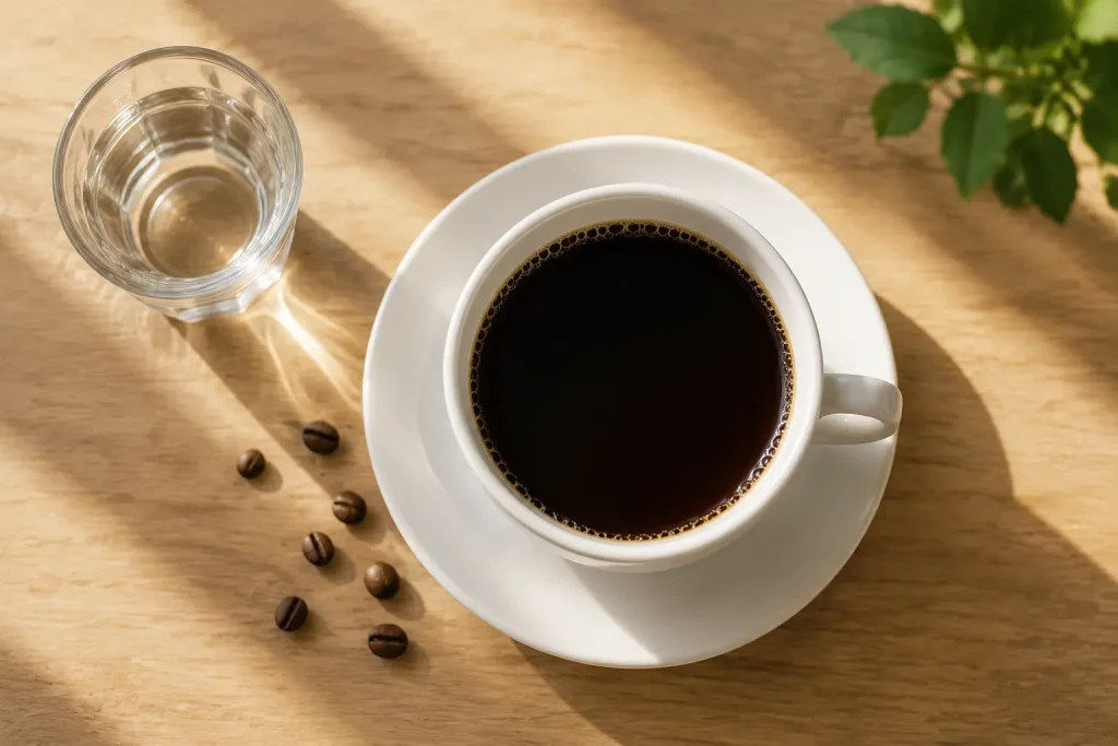 White cup of black coffee beside a glass of water on a wooden table in morning light place under "What About Coffee and Tea?"