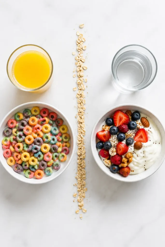 Side by side comparison of sugary cereal with orange juice and Greek yogurt with berries and nuts place under "Common Breakfast Mistakes