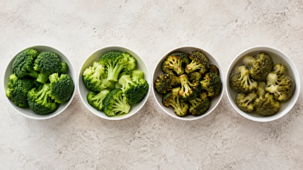 Broccoli prepared four ways showing raw, steamed, roasted and boiled with visible color differences place under "How Much Cooking Destroys"