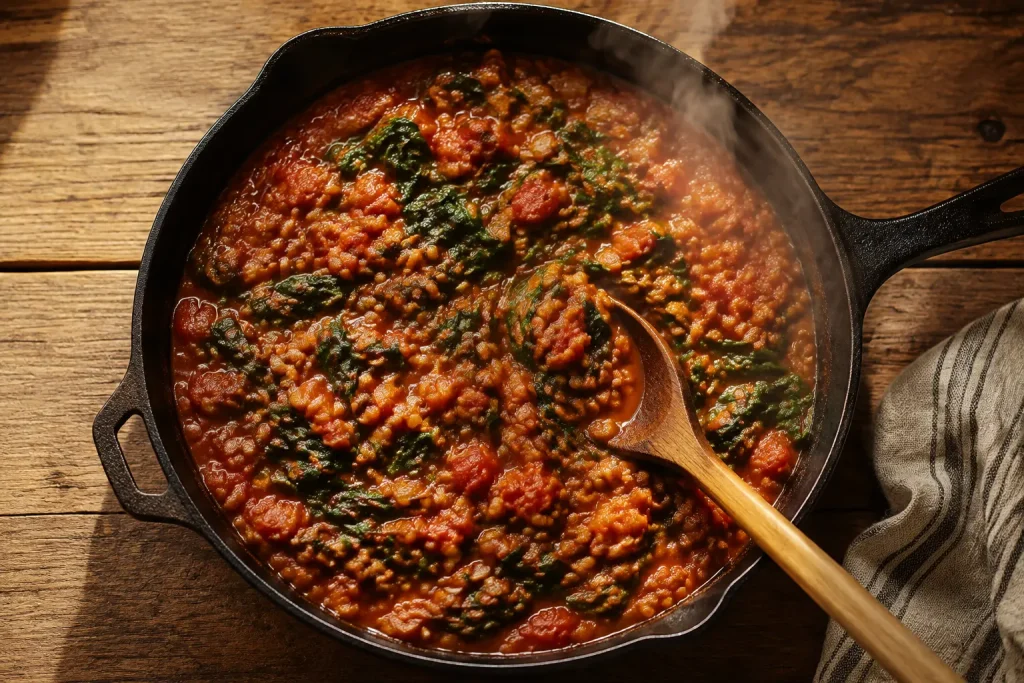 Lentil and tomato stew with greens simmering in a black cast iron skillet