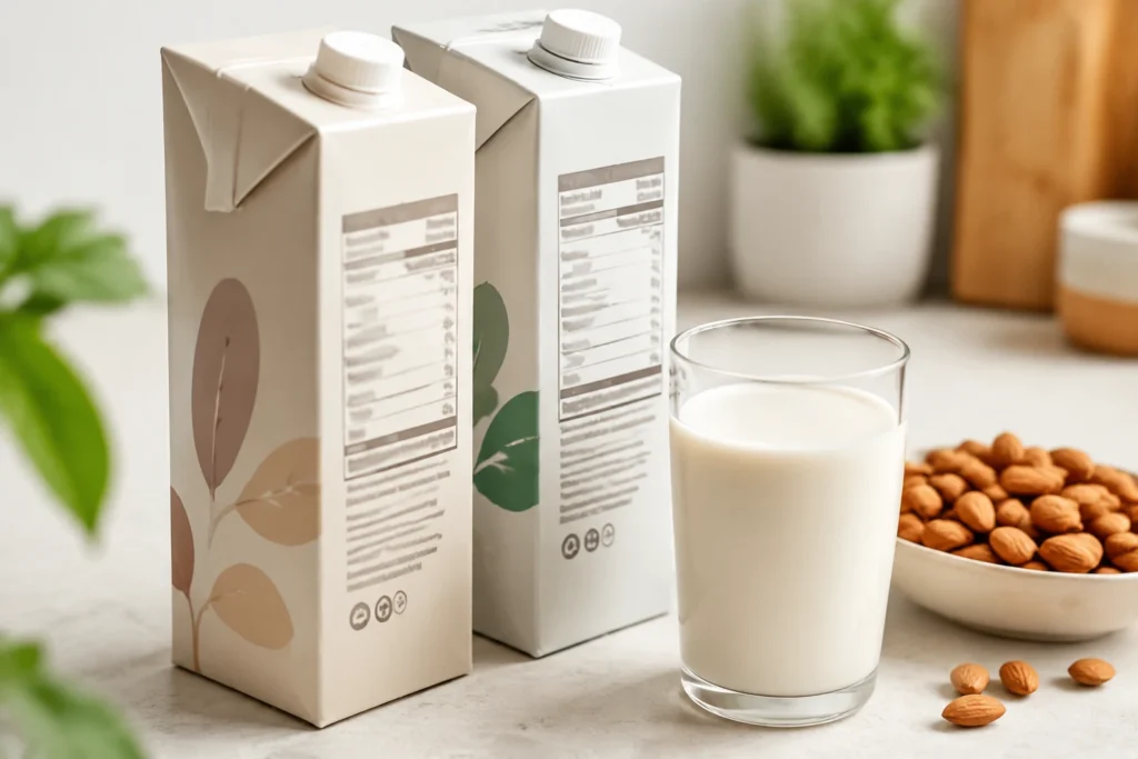 Two plant milk cartons side by side with a glass of milk and almonds, showing the importance of checking the nutrition panel — place under the bones section