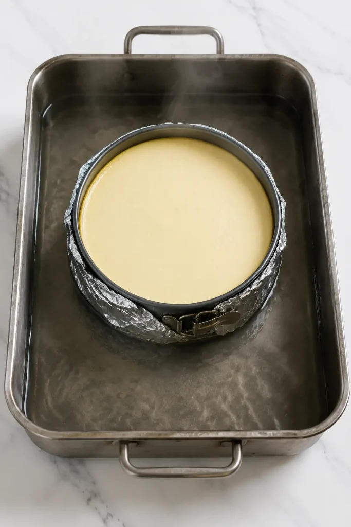 Foil wrapped springform pan sitting in a roasting pan of hot water for a water bath — place under "Bake and chill"