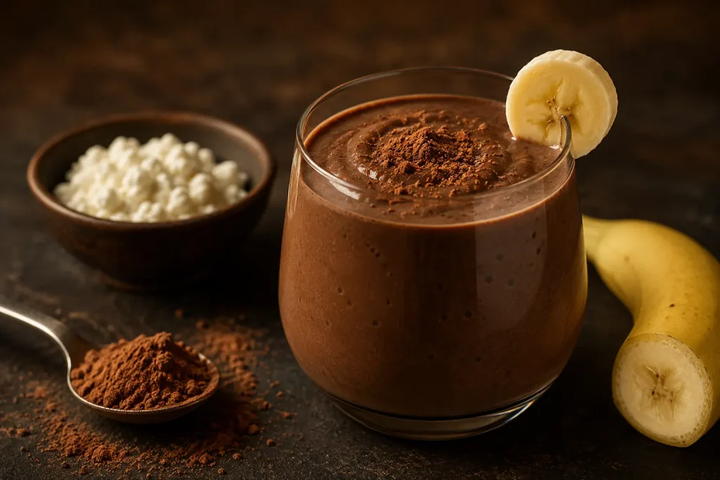 Dark chocolate cottage cheese smoothie in a short glass dusted with cocoa powder beside a bowl of cottage cheese and a banana