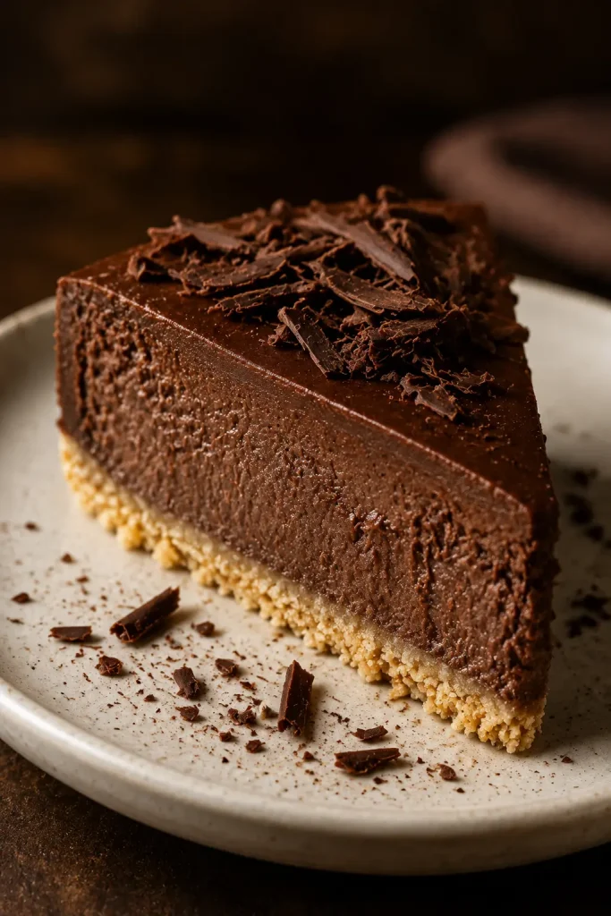 Slice of chocolate keto cheesecake with chocolate shavings on a white plate