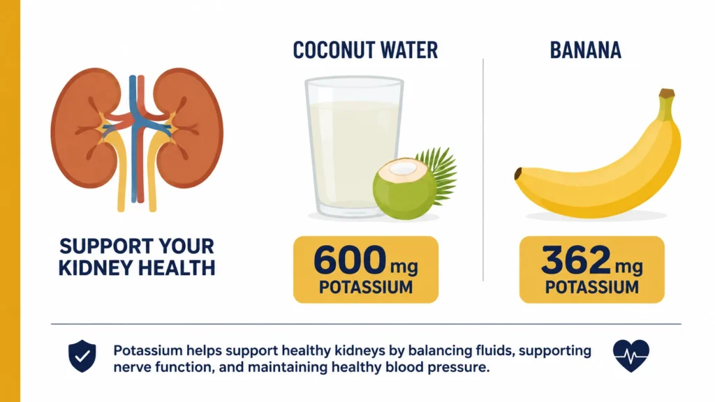 Comparison showing one cup of coconut water contains about 600 mg potassium compared with 362 mg in a banana