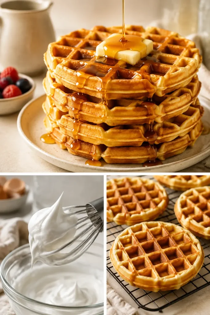 Collage showing stacked keto waffles with syrup, whipped egg whites on a whisk and waffles cooling on a wire rack