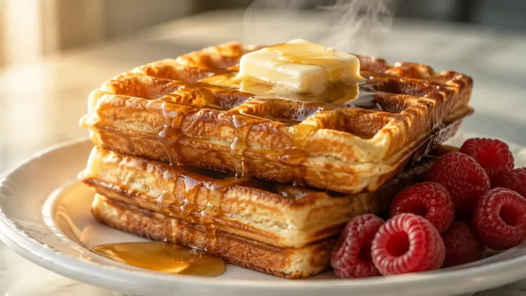 Stack of three golden crispy keto waffles with melting butter, sugar free syrup and fresh raspberries