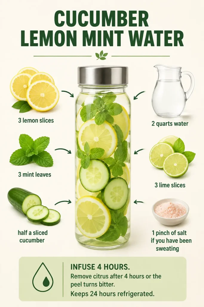 Recipe graphic for cucumber lemon mint infused water showing lemon slices, mint leaves, cucumber, lime and water with infusion timing