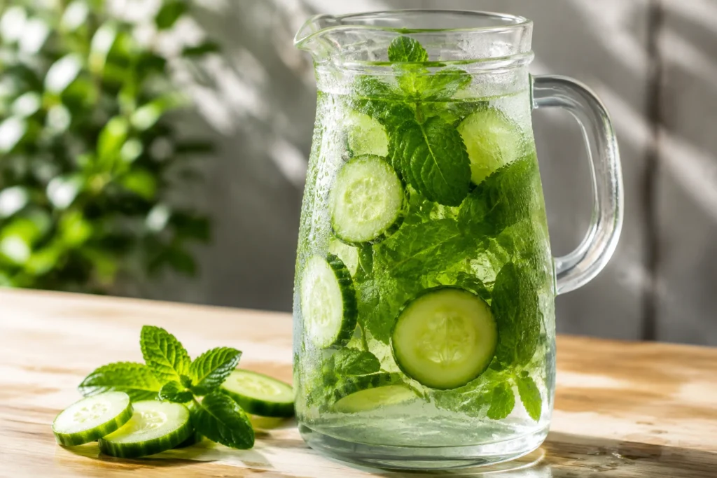 Glass pitcher of cucumber mint water with condensation on the outside beside loose cucumber slices — place under the skin section